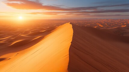Huge sand dunes in the endless desert, bathed in golden sunlight