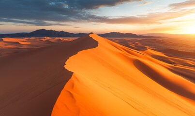 Huge sand dunes in the endless desert, bathed in golden sunlight
