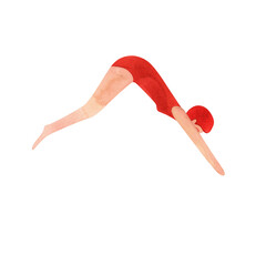 An athlete, a woman in a red swimsuit and a red cap, jumps into the water. Watercolor illustration isolated for the design of diplomas and sports certificates, advertising of swimming pools