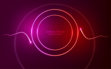 pink and red bright glowing laser light rings and curve lines modern and creative digital geometric technology background and cover design.