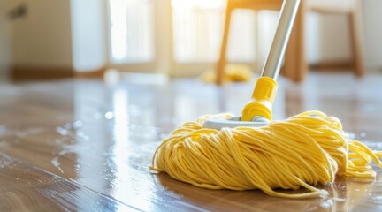 A scene of indoor cleaning with a mop being used to clean the floor, emphasizing household maintenance and cleanliness