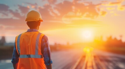 Construction worker at sunset wearing safety gear