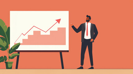Obraz premium Businessman Presenting Financial Growth Chart with Emphasis on Upward Trend, Symbolizing Success in Finance and Investment for Corporate Presentations