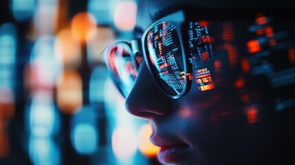 Woman Looking at a Screen With Code Reflected in Glasses