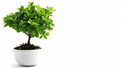 Small green-leaved plant in a round white pot, isolated on a white background. Ideal for home decor, gardening, and indoor spaces.