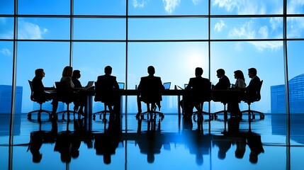 Business Meeting in Office: A group of professionals sitting around a conference table during a business meeting. 
