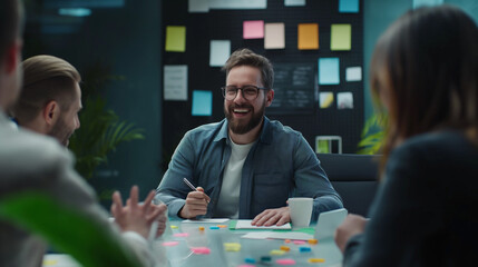Fototapeta premium A group of four people are sitting around a table in a meeting
