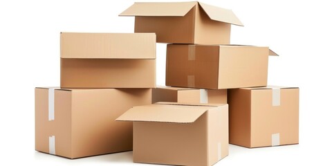 Obraz premium A group of cardboard boxes in various sizes stacked together, some open and others closed, on a white background. Ideal for concepts related to moving, packaging, or shipping.