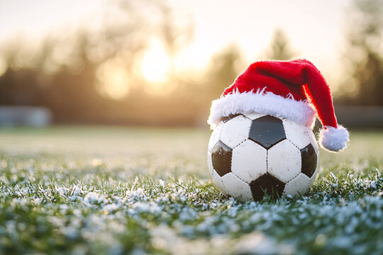 Fototapeta soccer ball wearing santa hat