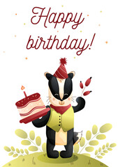 Childreans cute greeting card. Cute badger celebrating a birthday with a cake and festive decorations. Vector.