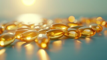 Vitamin D Capsules on Reflective Surface with Sunlight