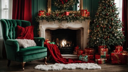 Christmas interior room fireplace, Christmas tree, green chair with a red blanket and gifts