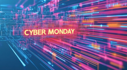 Bright digital text announcing Cyber Monday, surrounded by colorful light trails and abstract patterns