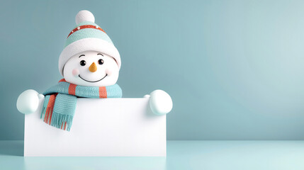 A smiling snowman in a hat and scarf peeks over the edge of a blank white sign, perfect for...