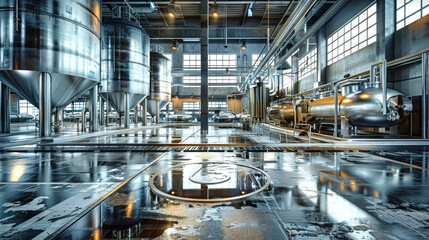 Fototapeta premium Advanced brewing technology shines in sleek stainless steel tanks, reflecting innovation and precision in the heart of the brewery