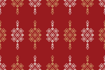 Traditional ethnic motifs ikat geometric fabric pattern cross stitch.Ikat embroidery Ethnic oriental Pixel red background. Abstract,vector,illustration. Texture,christmas,decoration,wallpaper.