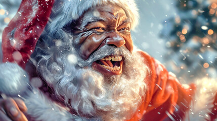 Obraz premium A jubilant dark-skinned Santa Claus slips down a snowy mountain, joyfully shouting amidst a winter wonderland filled with festive magic