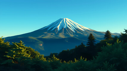 "MOUNT FUJI, ANIME PAINTING, MODERN, CONTRAST, STRONG LIGHT AND SHADOW, BEAUTIFUL PEACEFUL EVENING LIGHT, MAJESTIC, BREATHTAKING, SUMMER , MORE SHADES OF GREEN, BRIGHTER SPACE, 8K HIGH-QUALITY
