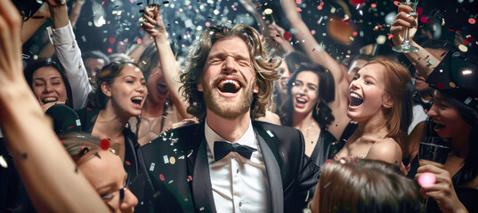 A man in a tuxedo joyfully celebrates with a group of women in elegant attire at a black tie gala. Confetti rains down as they scream and laugh