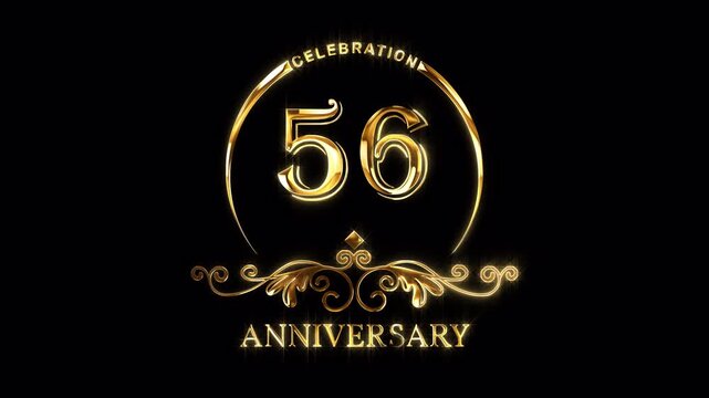 56th Anniversary Celebration. Happy 56 Years Anniversary Animation in Gold Color on the Transparent Background, Alpha Channel. Great for greetings, celebrations, events, and gifts.