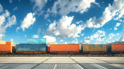 Fototapeta premium A train brimming with colorful cargo containers stands ready for delivery beneath a clear blue sky, symbolizing global trade and industrial logistics