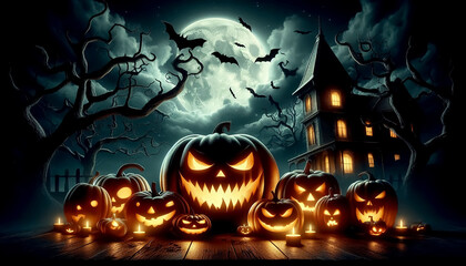 Happy Halloween Background for Party Invitations with Violet Fog Clouds and Pumpkins