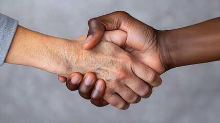 Close-up of interlocked hands from different demographics, showing unity in labor the focus is on the textures of skin and calluses, with natural lighting highlighting the contrast