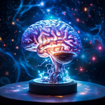 Illuminated Thought Process", glowing brain center stage, surrounded by swirling galaxies, planetary nebula, studio lighting with a hint of blue, photorealistic style.