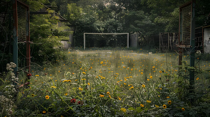 A field of yellow flowers with a red gate in the background