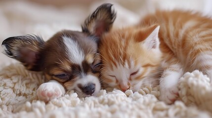 A lovely small puppy and kitty make great furry pals