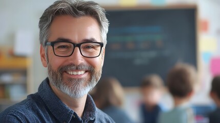 Obraz premium Teacher's Face in a Classroom: A teacher's face, warm and approachable, with a chalkboard behind and students blurred in the background. 