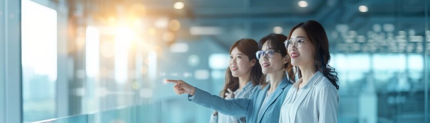 Fototapeta premium Businesswomen pointing and looking through office window