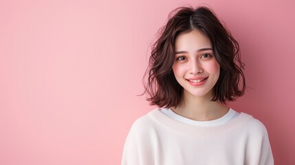 Fototapeta premium Smiling woman in white sweater against pink background