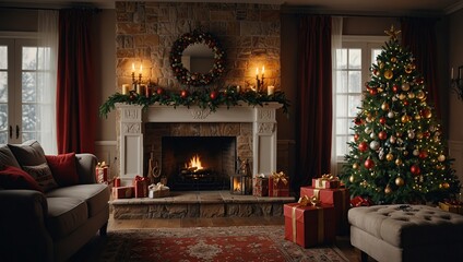 Christmas interior with decorated Christmas tree, presents and fireplace. Christmas and New Year celebration concept