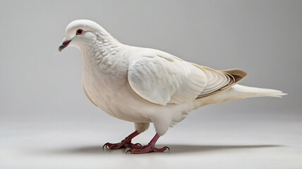 Obraz premium A serene pigeon perched gracefully against a pristine white wall, its soft feathers contrasting beautifully with the clean background.