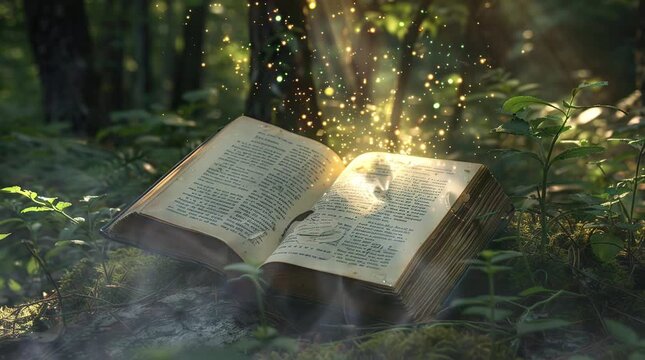 Magical book opened in an enchanted forest, surrounded by mystical light and fantasy elements.
 Seamless looping 4k time-lapse virtual video animation Generated AI