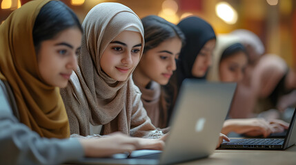 Group of young muslim person using laptop computer. Helping refugees adapt to new place, temporary protection. Banner.
