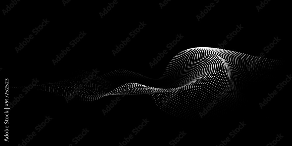 Poster Flowing dots particles wave pattern 3D curve halftone gradient curve shape isolated on black background. Vector in concept of technology, science, music, modern.