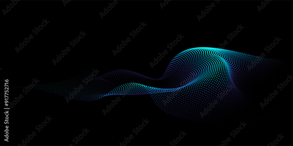Aufkleber Flowing dots particles wave pattern 3D curve halftone blue green gradient curve shape isolated on black background. Vector in concept of technology, science, music, modern.