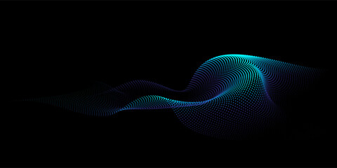 Flowing dots particles wave pattern 3D curve halftone blue green gradient curve shape isolated on black background. Vector in concept of technology, science, music, modern.