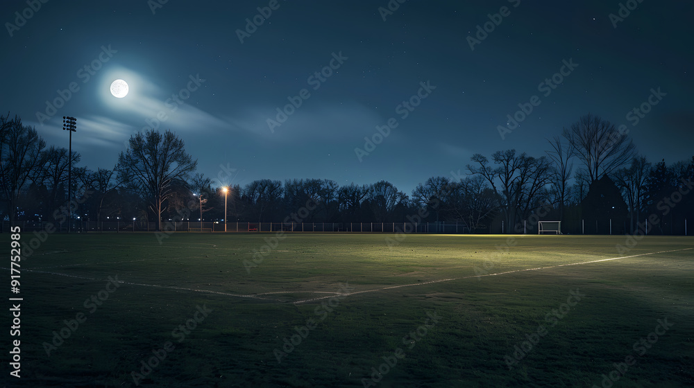 Wall mural A soccer field at night with a full moon in the sky