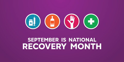 National Recovery Month. Medicine, drink, hand, heart and plus icon. Great for cards, banners, posters, social media and more. Purple background.