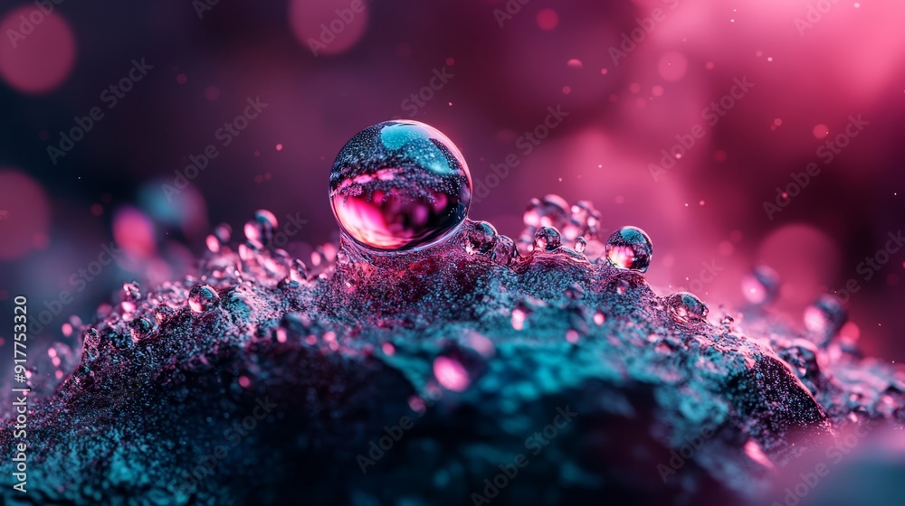 Poster  A drop atop pooled water droplets, against pink-blue backdrop; bokeh light present