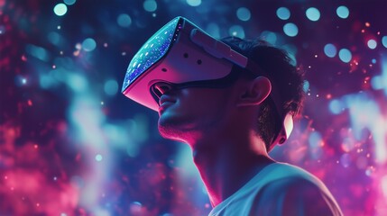 Man wearing VR headset immersed in a vibrant digital world