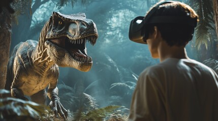 Naklejka premium Person wearing VR headset facing a realistic dinosaur in a jungle setting, blending virtual reality with prehistoric adventure and excitement