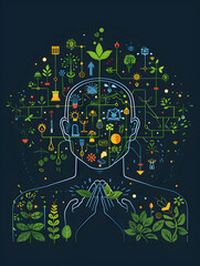 Obraz premium 3D Flat Icon of Individual Integrated with Smart Garden System and Tech Symbols for Enhanced Gardening Solutions in Double Exposure with Copy Space on White Background