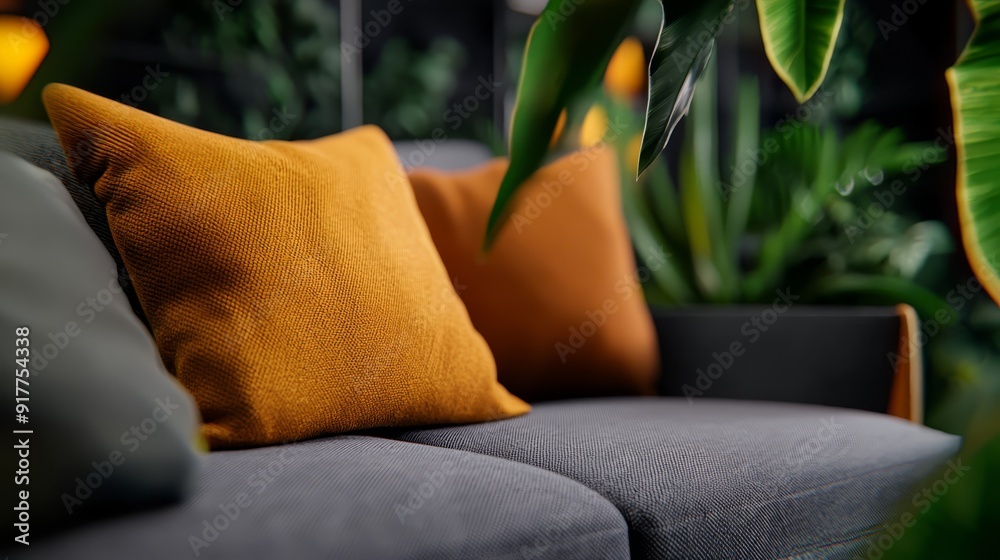 Canvas Prints  A tight shot of a couch adorned with pillows, a potted plant nestled in its corner of the room