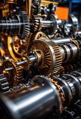 close view vibrant machinery dynamic action intricate details colorful components, industrial, gears, cogs, parts, technology, mechanical, equipment, tools