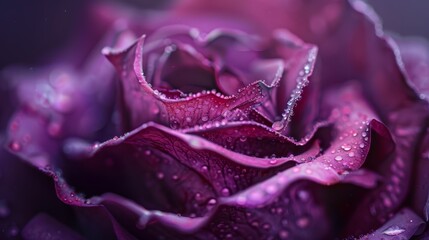  A close-up of a purple rose with water droplets on its petals, each petal fully coated in droplets