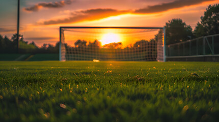 Fototapeta premium A soccer field with a goal and a sunset in the background